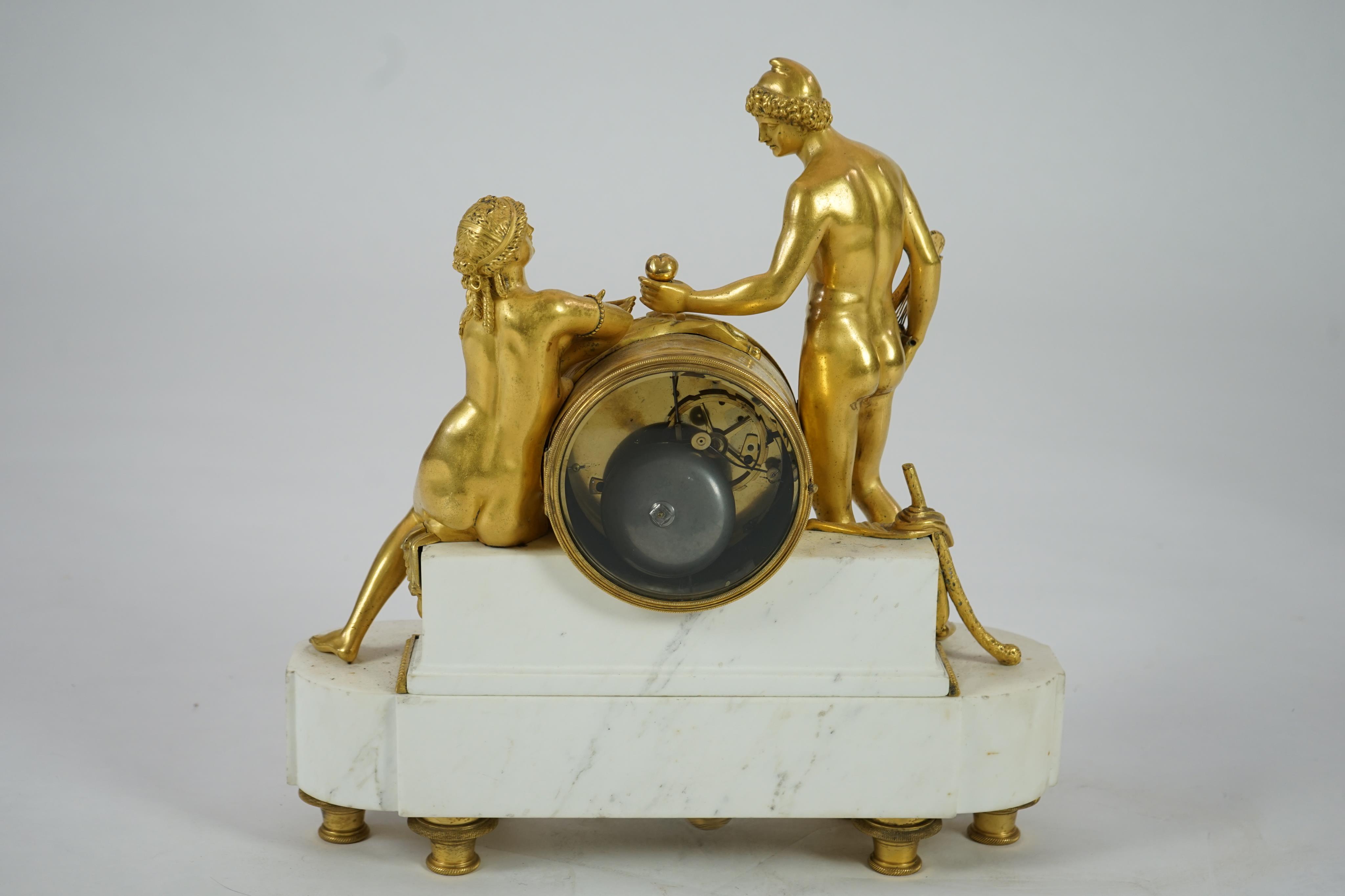 J. Petite of Paris. A 19th century French ormolu and white marble eight day mantel clock